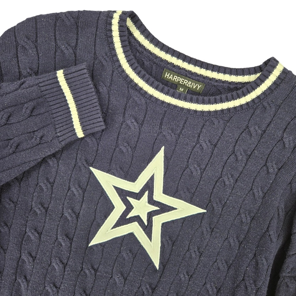 HARPER & IVY Cable Knit Star Sweater MEDIUM Navy‎ Cowboys Inspired Game Day